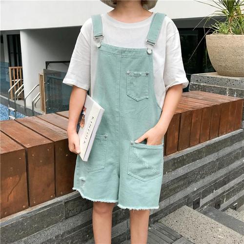 亿倩缘 背带裤女宽松百搭学生学院风韩范2021显瘦浅色牛仔休闲阔腿短
